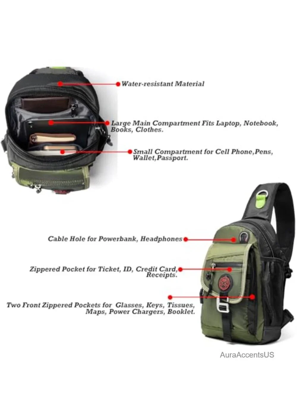 Sling Bag Daypack Hiking Travel Crossbody Backpack Tablet Water-Resistant Nylon